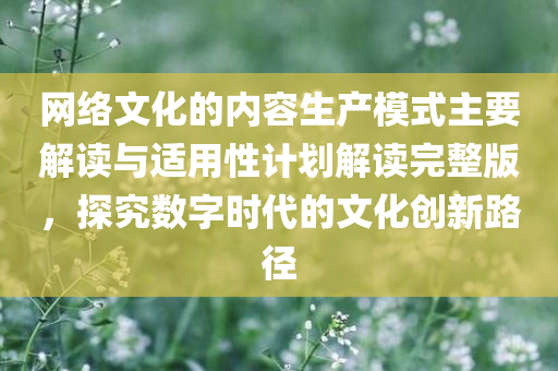 网络文化的内容生产模式主要解读与适用性计划解读完整版，探究数字时代的文化创新路径